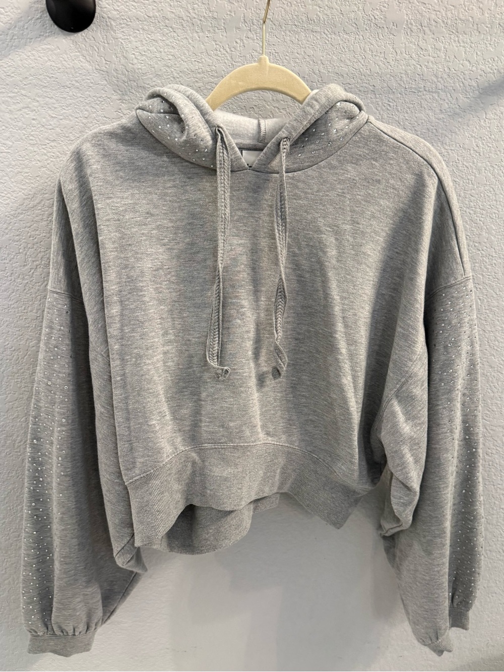 Cropped Gray Hoodie with Rhinestone-Trim Sleeves